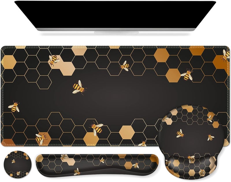 iCasso Desk Mat, Gaming Mouse Pad Wrist Support Set,4in1 XXL Large Mousepad + Keyboard Wrist Rest+Mouse Wrist Rest+Coaster Set with Ergonomic Design for Home Office Table Computer-Honeycomb - Image 1